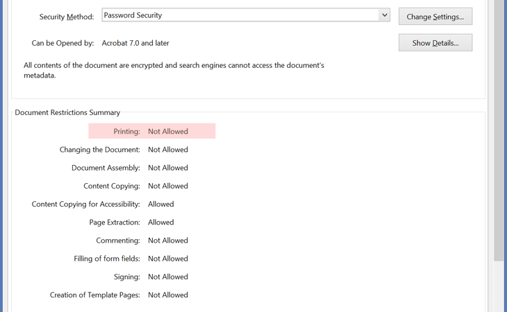 When printing option are not allowed for a PDF